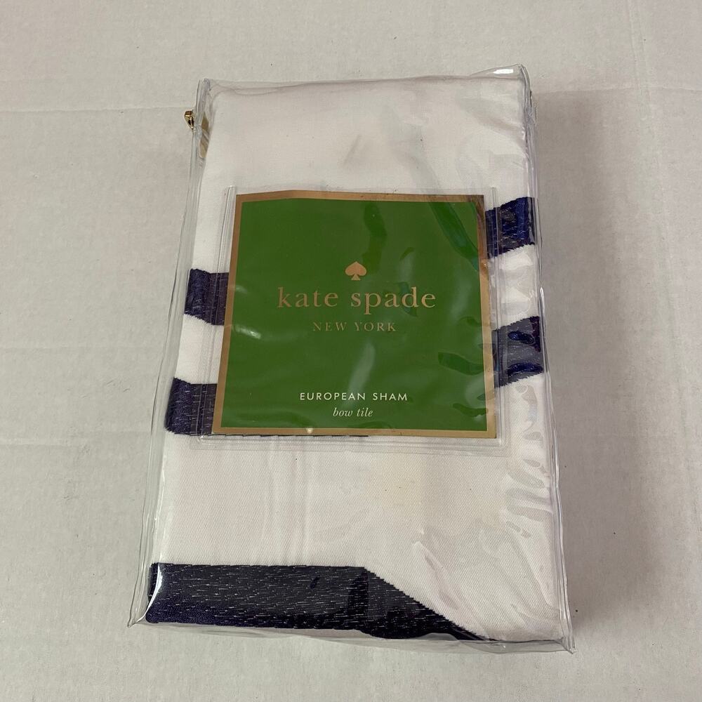 Kate Spade Bow Tile European Sham White Navy Blue Cotton Pillow Cover Single NIP